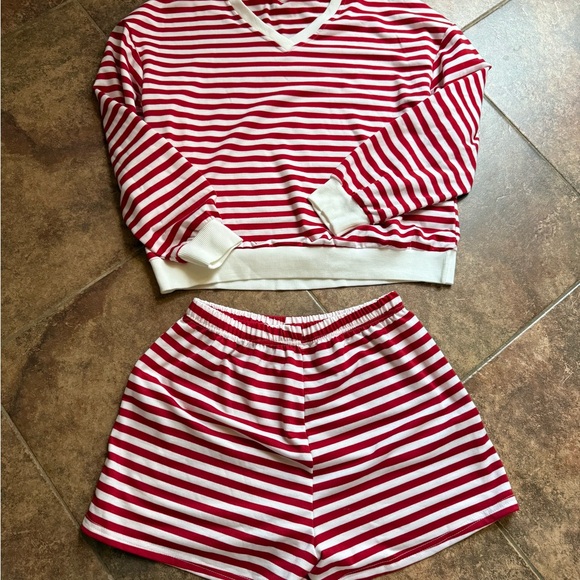 SHEIN Pants - SHEIN Red and White Striped Lounge Set